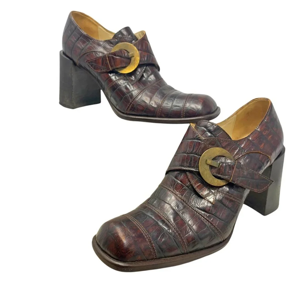 IXOS Reptile Embossed Italian Leather Monk Strap Chunky Heels‎